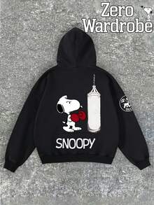 SNOOPY Pursuing Power Pattern Printed Men's Casual Fashion Hoodie, Loose And Comfortable Street Style Long Sleeved Home Style, Soft Cotton Blend Men's Warm Winter Clothing, Men's Winter Clothing - 黑色 - 查看 5