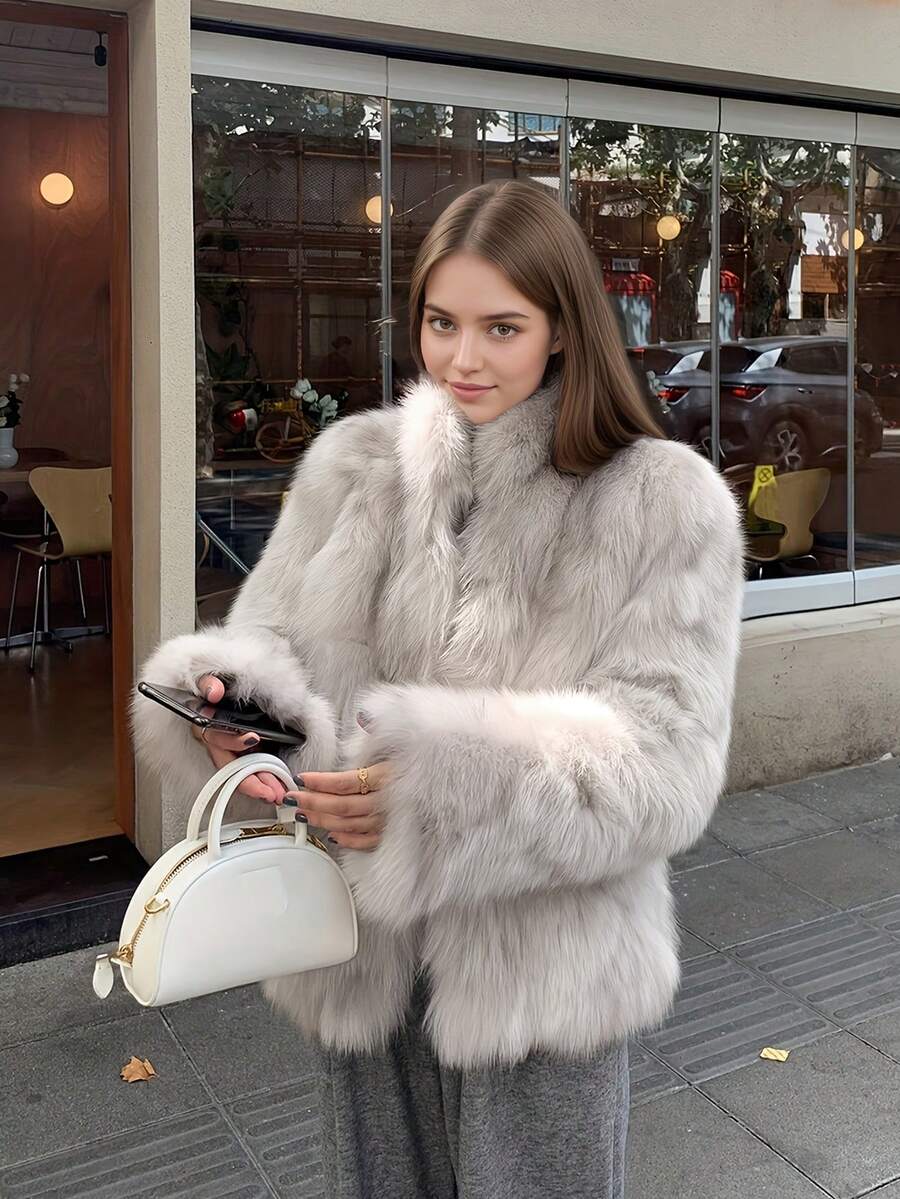 Women's Elegant Faux Fur Warm Jacket, Long Sleeve Stand Collar Thick Fuzzy Coat, Fashion Casual Ladies Outerwear, Luxurious Stylish Commuter Daily Winter Jacket For Women - Light Grey - View 1