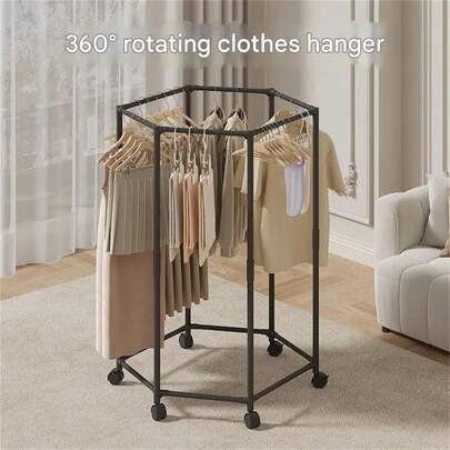 Easy To Move 360° Multifunctional Floor-Standing Metal Clothes Hanger Home Bedroom Clothes Storage Rack Hexagonal Shelf Detachab