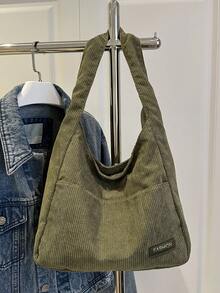 Nueva bolsa de hombro de pana de unicolor y versátil, bolso baguette minimalista casual, bolso cubo grande - Verde - Ver 10