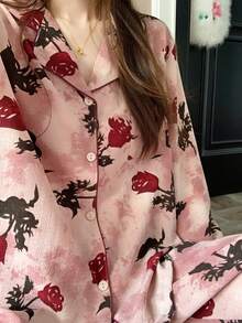 两件套印花女士睡衣套装，质感面料，浪漫休闲长袖睡衣，适合春夏穿着 - 粉色 - 查看 7