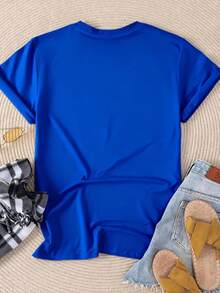 Women's Basic Solid Color Short Sleeve Crew Neck Pure Cotton T-Shirt, Slim Fit Casual Daily Top, Sizes S-XXXL, Soft Breathable Comfortable Tee, Lightweight Summer Fashion Essential, Easy To Match, Classic Style, High-Quality Cotton Fabric, Suitable For All Seasons,  Basic Top For Women - Màu xanh lam - Xem 5