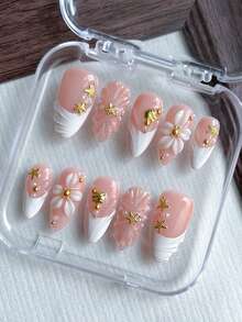 10pcs Pink Almond Shaped Press-On Nails, White French Tip, 3D Shell Embossed Decor, 3D Flower Carving, Golden Starfish, Shell Design Acrylic False Nails, Cute Style, Suitable For Girls And Women For Daily, Vacation, Travel, Wedding And School Occasions, Includes Jelly Gel And Nail File. Nail Supplies - Pink - View 1
