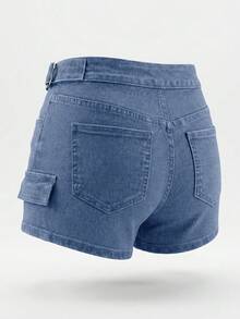 Falda-pantalón vaquera casual de mujer con detalles de cremallera, shorts mini con estiramiento medio para el verano - Azul - Ver 3