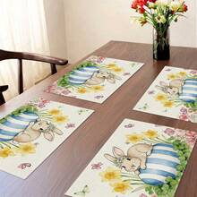 Bộ 1/4 tấm lót bàn ăn bằng vải lanh in họa tiết kẻ caro kiểu Buffalo, chủ đề trứng Phục Sinh mùa xuân/hè, hình thỏ hoạt hình, hoa và bướm, có thể giặt máy, làm bằng polyester, thích hợp cho nhà bếp, phòng ăn, trang trí nhà cửa, trang trí bàn làm việc, trang trí tiệc tùng, là món quà lý tưởng. - Nhiều màu - Xem 5