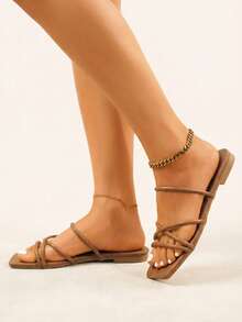 棕色平底女士户外拖鞋，简约多带仿皮露趾凉拖，春夏穿搭 - 棕色 - 查看 5