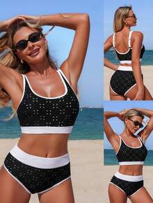 Ladies' Summer Beach Bikini Set, Combining Bright Contrasting Colors With Hollowed Out Embroidery. Skin Friendly Fabric, Soft And Comfortable Texture, Breathable And Quick Drying, Elastic. Suitable For Swimming, Surfing, Beach, Tropical, Honeymoon, Sports, Vacation, Pool Parties, Etc. - 黑色 - 查看 5