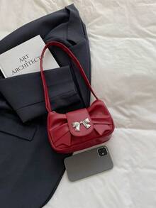 可折叠PU皮革手拿单肩包，饰有金属蝴蝶结，适合日常出行和休闲约会，可爱优雅的小包款式，新月形女士包 - 紅色 - 查看 8