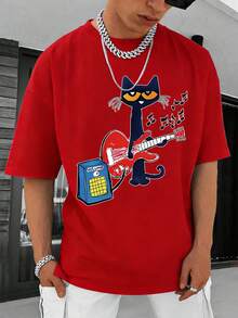 Dynamic Music Guitar Kitten Print T-Shirt – 220g, Pure Cotton Short Sleeve Round Neck Top, Fashionable Casual Premium Men's T-Shirt – High-Quality Cartoon Print Design, Soft And Breathable, Loose Fit, Perfect For Music Lovers And Kitten Enthusiasts - 紅色 - 查看 3