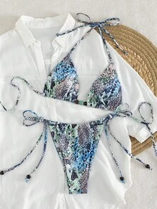 PEPPERMOLLY Women's Summer Blue 2-Piece Bikini Set, Triangle Halter Top And Side Tie Bottoms, Suitable For Sexy Swimwear, Holiday Pool Party Fashion Swimwear Vacation - Blue - View 5