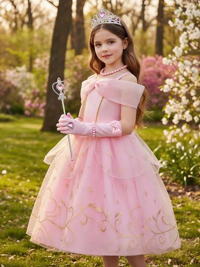 8pcs/Set Girls Pink Sheer Floral Pattern Sleeveless Dress With Accessories, Children Princess Carnival Christmas Party Cosplay Dress