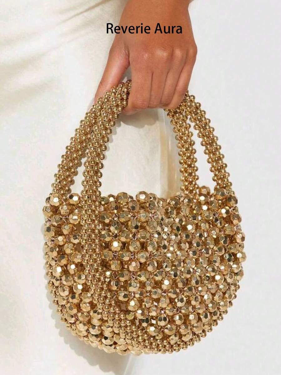 Nueva bolsa de mano de lujo de alta calidad, hecha a mano de forma exquisita con cuentas tejidas de colores, bolso de fiesta de noche francés brillante multicolor con cuentas - Dorado - Ver 1