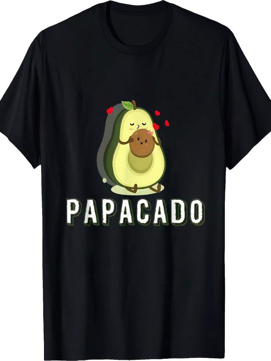 Men T-Shirt Funny Avocado Dad Graphic With Papacado Design Fathers Day Gift Black Round Neck Casual Tee Machine Washable Fathers Day T-Shirts Humor