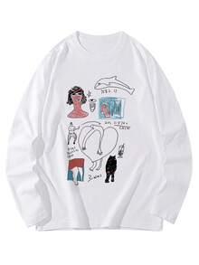 可爱涂鸦印花套头T恤，女士宽松休闲长袖T恤，柔软少女日常上衣 - 白色 - 查看 6