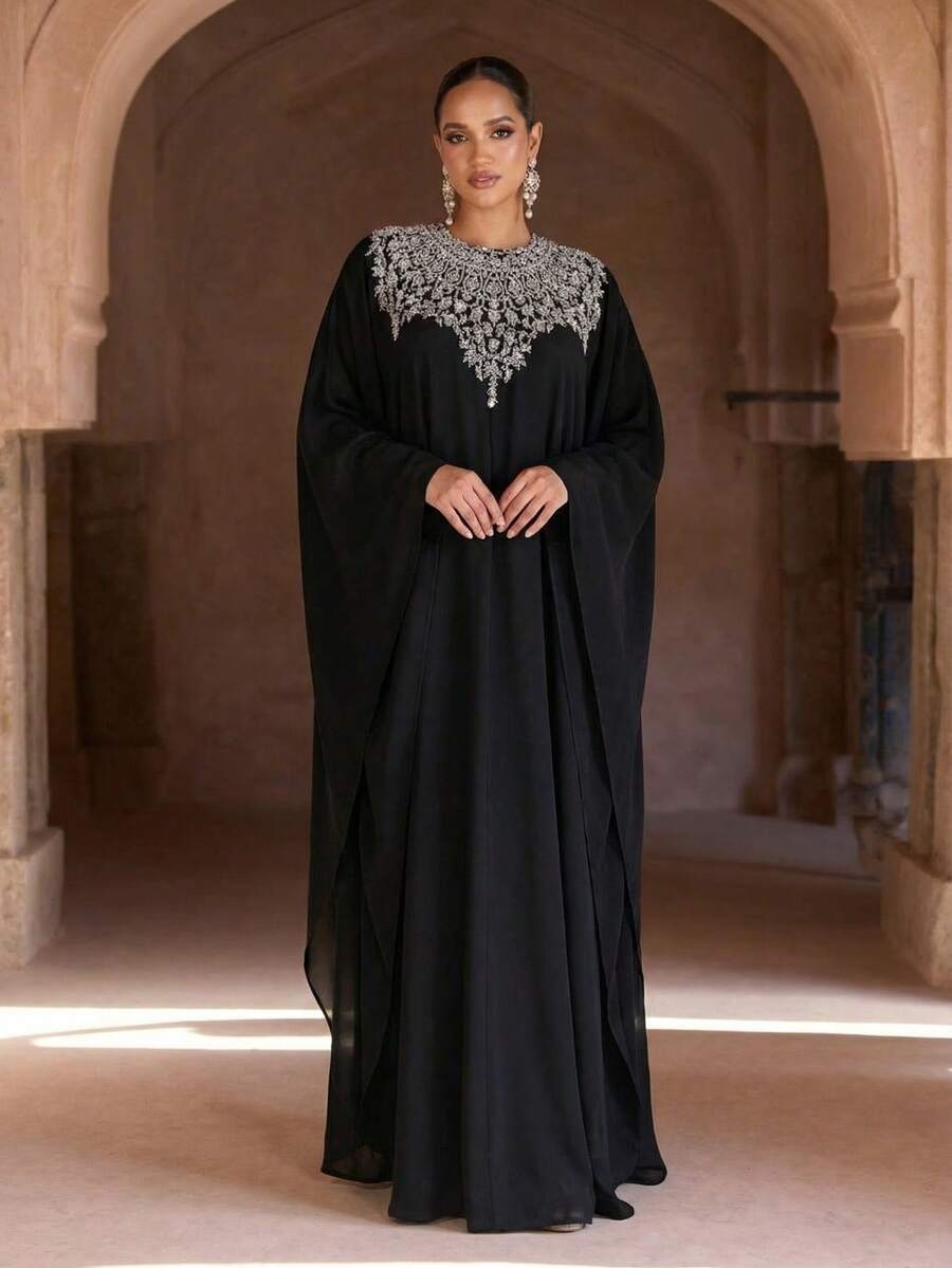 Abaya de gasa azul elegante, adornada con decoración plateada, de manga larga, adecuada como abaya, abaya de fiesta o vestido formal (corte holgado - consulte la tabla de tallas) - Negro - Ver 1