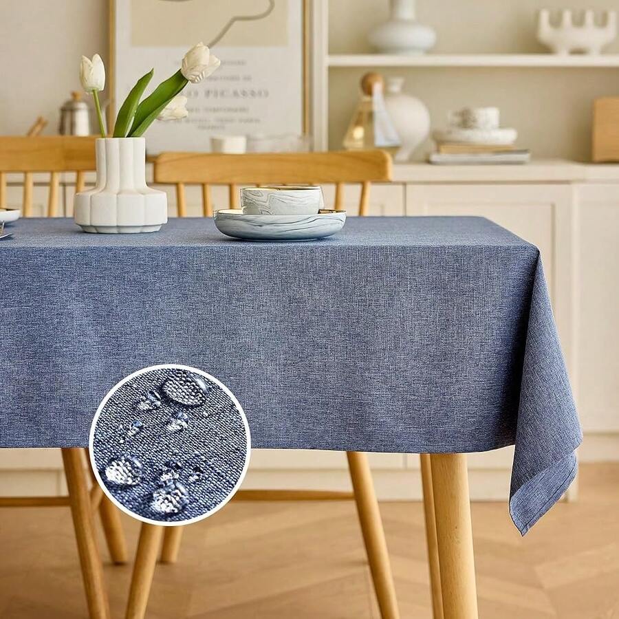 Faux Linen Waterproof Tablecloth,Denim Blue,84\ X 60\ (Rectangular),DenimBlue84inchx60inchRectangular - DenimBlue84inchx60inchRectangular - View 1