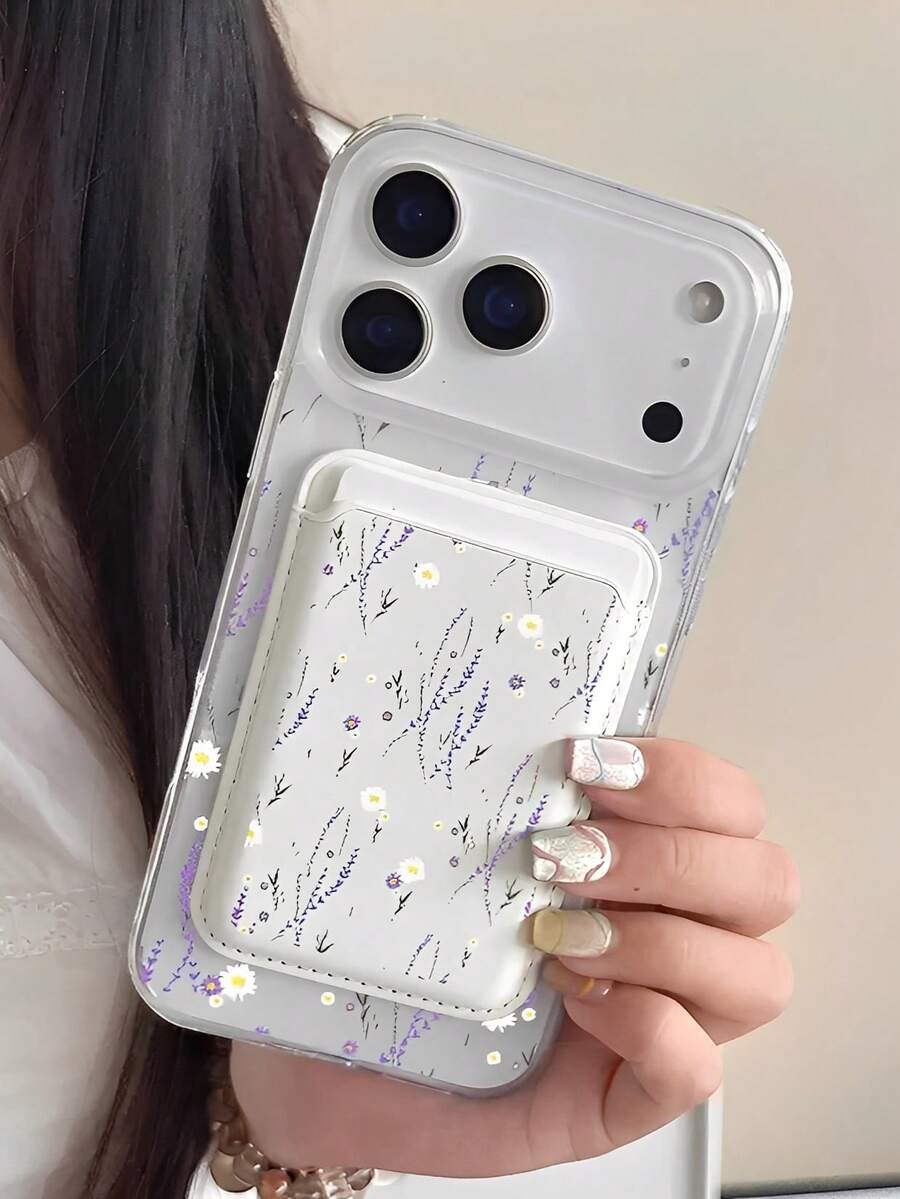 Lavender And Small White Daisies + Magnetic Card Holder With The Same Pattern Phone Case Suitable For Compatible With Iphone 17.17Air,16,16E,15, 14, 13, 12, 11, PRO MAX, X, XS, PLUS As Well As Galaxy S22/23/24/25Edge Ultra/FE+, Wallet Accessory For 1-2 Cards With Built-In - 彩色 - 查看 1