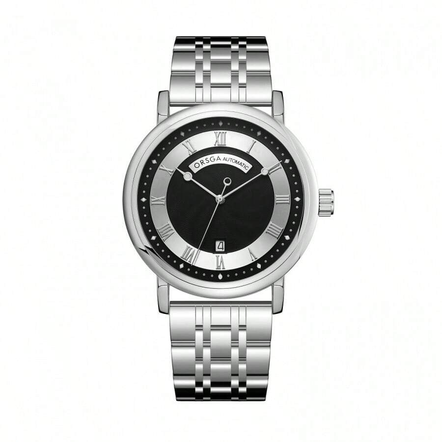 ORSGA Men's Automatic Mechanical Watch With Date, 50M Waterproof Stainless Steel Business Casual Watch - 銀色鋼帶黑面 - 查看 1