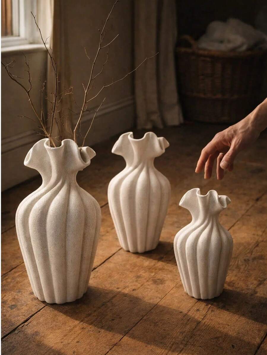 1个手工花瓶，波西米亚波浪纹装饰花瓶，花瓣形瓶口，简约桌面家居装饰，客厅卧室乡村风格礼品