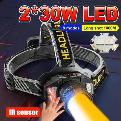 IR Sensor LED Headlamp Yellow Light Rechargeable Headlight With COB Light 2*30W LED 8 Modes Head Flashlight Zoomable Outdoor Camping Lantern
