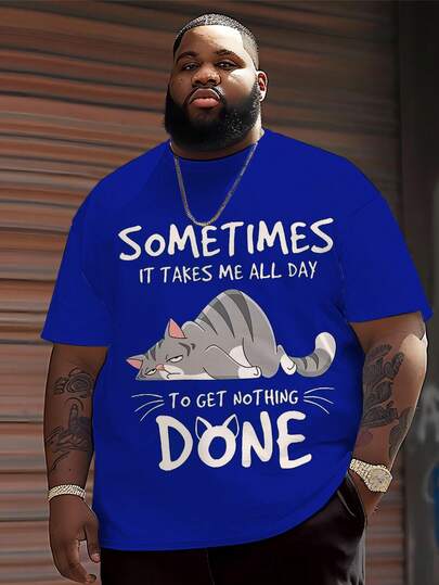 Plus Size Men Casual Sports Round Neck T-Shirt, Polyester Knit Fabric Comfortable & Breathable, Versatile Daily Wear, Minimalist Style With Cute Lazy Cat Graphic, & Unique