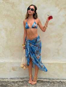 3pcs Women's Sexy Floral Print Bikini Set With Tie-Up Back And Mesh Skirt, Summer - Blue - View 1
