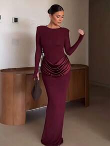 Wine Red Knit Maxi Dress, Long Sleeve Design, Waist Ruffle Detail, Elegant Party Attire - Burgundy - View 2