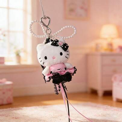 Miniso 1件三丽鸥Hello Kitty闪亮派对毛绒挂饰（含丝带）：高品质蓬松毛绒材质，精致连衣裙设计（缎面+蕾丝）+水钻蝴蝶结，珍珠串珠链（心形扣）+黑粉色丝带流苏，用途广泛，可用于装饰包包/钥匙/背包，可爱的三丽鸥主题配饰