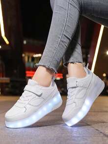 Teens Roller Skate Shoes, Wheeled Shoes, Double Wheel Roller Shoes, LED Rechargeable Luminous Shoes - White - View 8