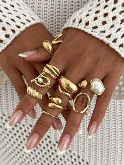 11pcs/Set Bohemian Geometric Asymmetrical Faux Pearl Hollow Curved Metal Fashion Rings Set, Luxurious Elegant Everyday Casual Party Jewelry Gift For Women