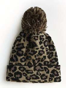 1pc Unisex Leopard Print Knit Beanie With Furball, Y2K Style, Warm & Breathable, Versatile For Autumn/Winter Outdoor Daily Use - Coffee - View 6
