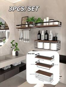 Set de 3 estantes flotantes de madera para dormitorio y baño, almacenamiento, organización, estantería multifuncional, estantería para libros, soporte para plantas, estantería para artículos de baño y cocina, colocación versátil - Multicolor - Ver 1