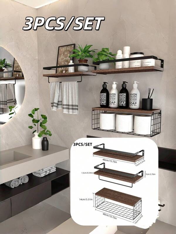 Set de 3 estantes flotantes de madera para dormitorio y baño, almacenamiento, organización, estantería multifuncional, estantería para libros, soporte para plantas, estantería para artículos de baño y cocina, colocación versátil