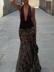 Chân váy maxi cổ yếm màu nâu dành cho nữ | Chân váy xòe không tay cổ chữ V sâu, họa tiết paisley, thích hợp cho kỳ nghỉ và lễ hội mùa xuân. - màu nâu - Xem 5