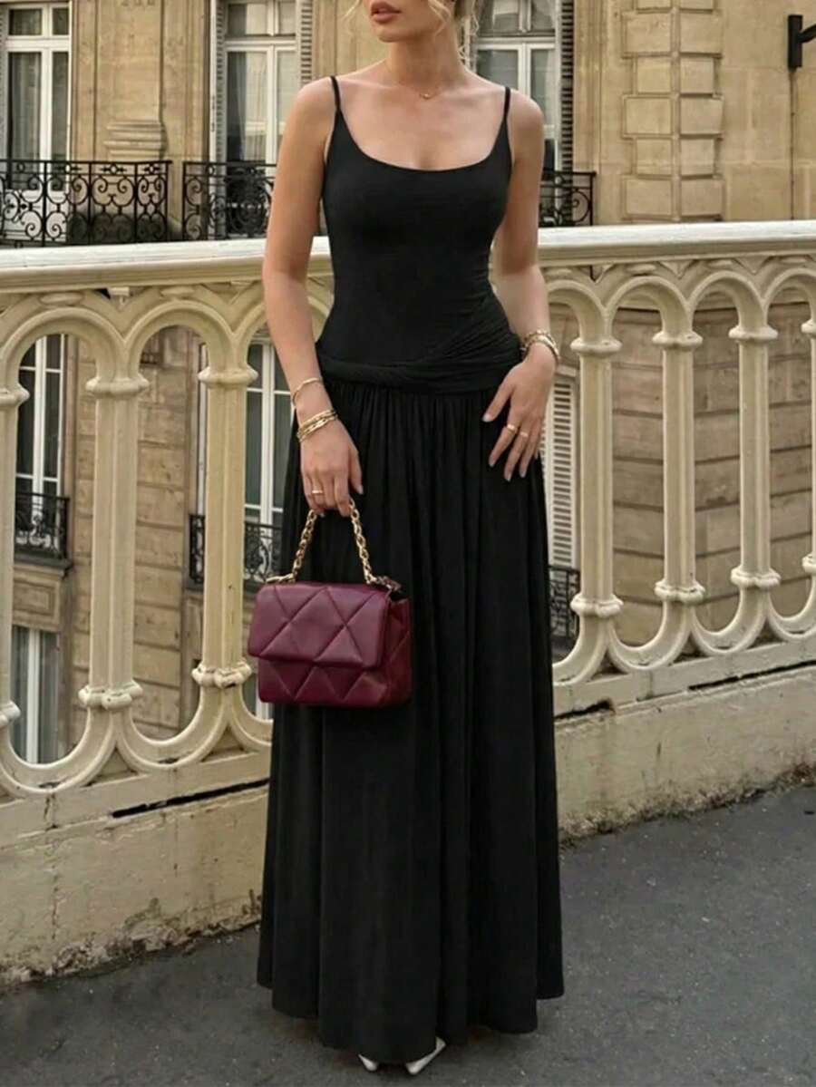 女士时尚无袖方领修身A字迷你连衣裙，梭织面料 - 黑色 - 查看 1