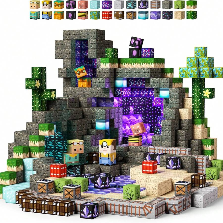 48/100/200/300 piezas Baldosas magnéticas para construcción, Juego de bloques magnéticos de la serie Minería subterránea de 2 cm, Juguete educativo STEM, Regalo de Navidad/Halloween/Cumpleaños para niños de 3+ años - Exploración minera - Ver 1