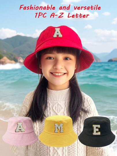 男女童通用渔夫帽，纯色字母印花，可调节亲子渔夫帽，时尚个性化防晒帽