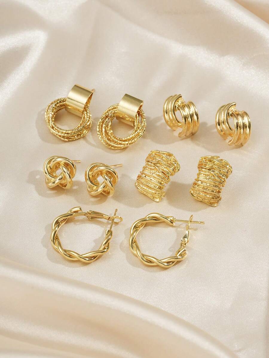 5 Pairs Vintage Twisted Rope, Minimalist Asymmetrical Metal Crinkle Geometric Niche Design French Delicate Hollow Stereo Chic Earrings Set, Suitable For Women's Daily And Festival Wear - Gold - View 1