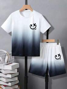 Bộ đồ thường ngày cho bé trai tuổi teen gồm áo thun ngắn tay in hình mặt cười và quần short - trắng - Xem 2