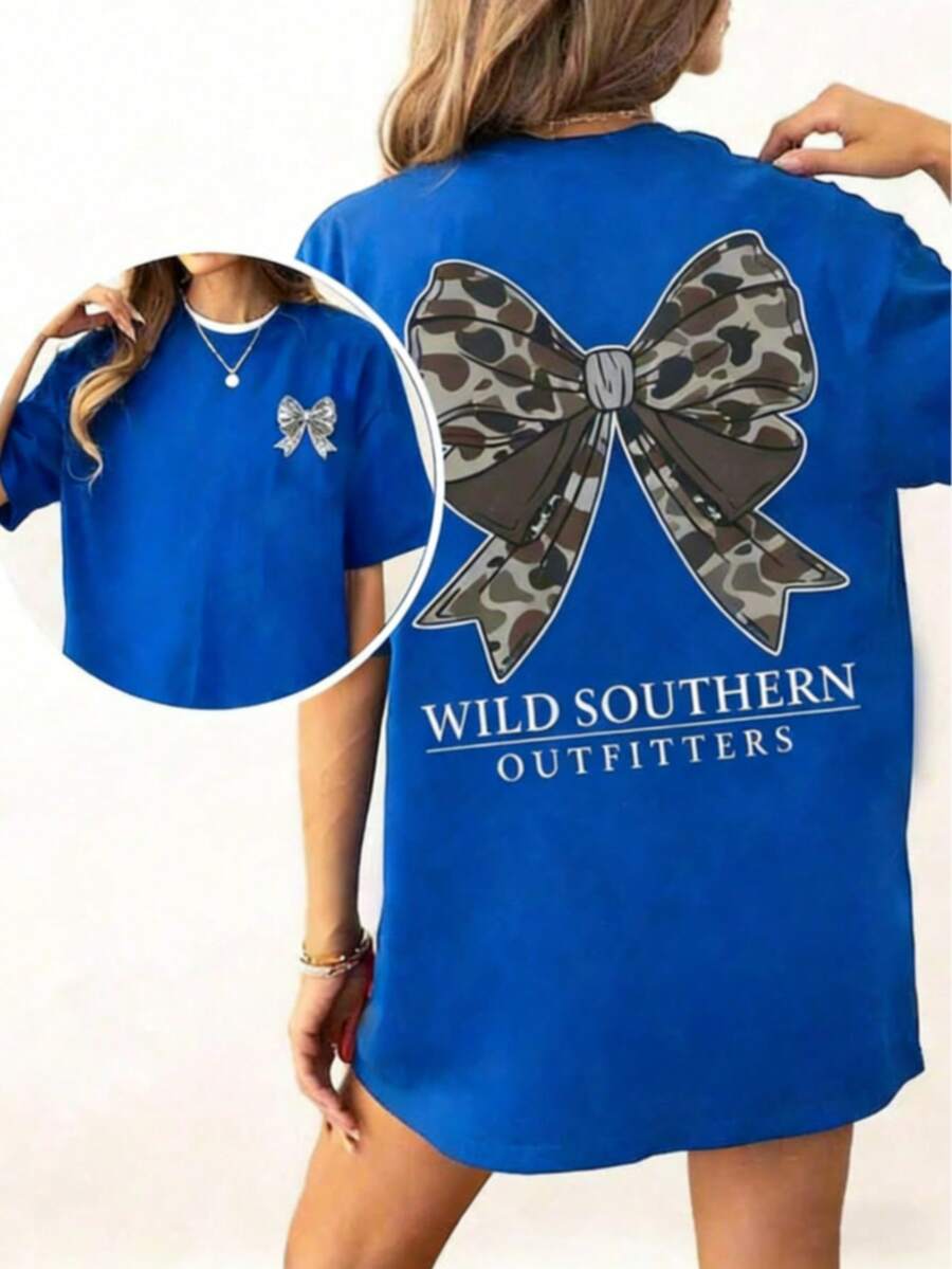 Vintage Camo Bow Hunting Shirt, Wild Southern Camo T-Shirt,Simply Printed Graphic Shirt,Daily Casual Womenswear-Unisex Street-Style Cotton T-Shirt Top - 藍色 - 查看 1