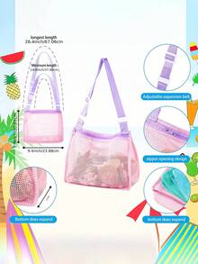 男女通用海灘玩具網袋 貝殼採集袋 附拉鍊與可調節肩帶 斜背袋 適合收集貝殼、海灘玩具與游泳配件 海灘露營郵輪旅行必備配件 (僅含袋子，不含玩具) - 彩色 - 查看 7