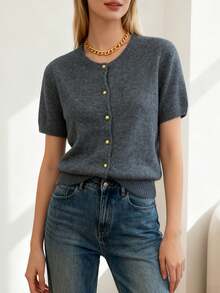 Women's Solid Color Short Sleeve Button Front Knit Cardigan, Everyday Wear For All Seasons - Grey - View 4