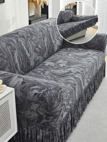 1pc Gray Ruffled Stretch Sofa Cover, Modern Printed Pattern Ruffled Sofa Slipcover, Dust-Proof And Dirt-Resistant Home Protective Sofa Cover, Suitable For Living Room, Bedroom, Home, Apartment, Hotel, All Seasons - Dark Grey - View 2