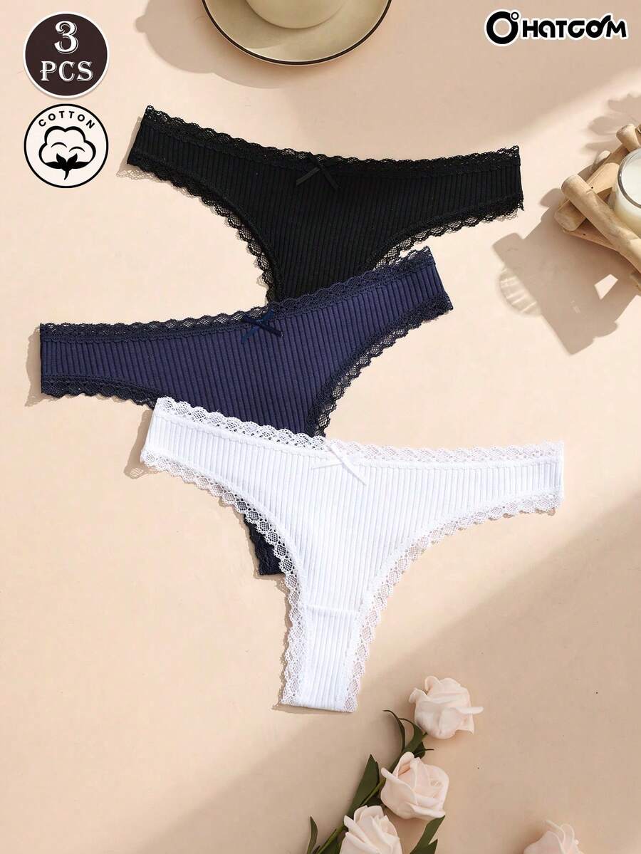 3条装棉质蕾丝拼接无缝丁字裤，透气弹力女士内裤