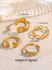 4件套不锈钢18K镀金几何椭圆翅膀拥抱戒指套装，适合女性日常及派对佩戴