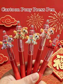 4支/套新年小马造型伸缩圆珠笔，动物贴纸装饰，红白笔杆，款式多样，握感舒适，书写流畅，适合书法、签名和学习，学生及节日文具礼品 - 彩色 - 查看 8