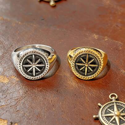 Anel decorativo vintage náutico octogonal em aço inoxidável com bússola - Feito de aço inoxidável, com um design de bússola octogonal preta e textura trançada na borda para um toque retrô. Como um acessório personalizado para o dia a dia masculino, adequado para passeios casuais, encontros com tema vintage e também uma opção de presente exclusiva para o Ano Novo, o estilo robusto exala sofisticação e pode elevar seu visual, capturando sem esforço a vibe de um cavalheiro vintage.