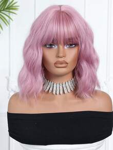 1顶女士短款波浪合成假发，冷棕色直发，带短刘海，14英寸长，适合日常佩戴，自然逼真，是万圣节、圣诞节、新年、狂欢节、音乐节、角色扮演和其他场合的理想之选，是送给女孩的绝佳礼物，也是夏季毕业礼物、乔迁礼物、万圣节和圣诞节礼物的完美选择。 - 粉色 - 查看 3