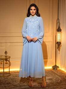 Solessence Elegant Long Sleeve Arabic Dress, Decorated With Pearl And 3D Rose Beaded Stand Collar, Woven Fabric - Sky Blue - View 5