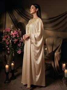 AmazingHoney Elegante bata de kaftan de color crema con detalles bordados en dorado, mangas de murciélago, bata de fiesta abaya, bata de kaftan, bata abaya (corte holgado - por favor, consulte la tabla de tallas) - Albaricoque - Ver 6